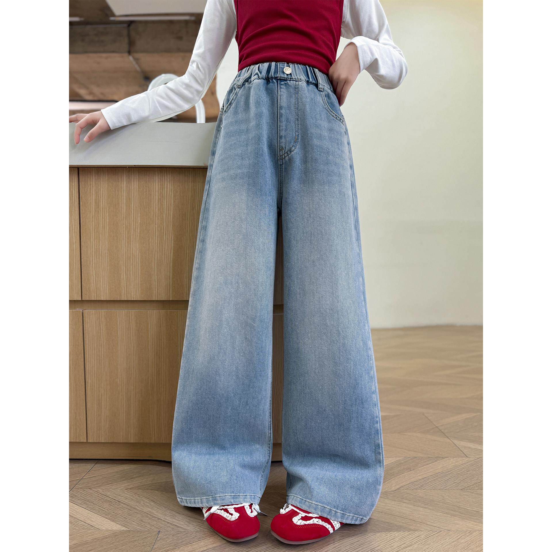 女孩2026红新款牛仔女童蝴蝶结春秋中大童裤网长裤洋气阔腿阔腿裤