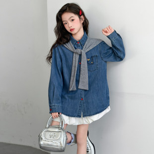春装韩系上衣薄女孩衬衫外套款大披肩牛仔春秋儿童女童洋气装百搭