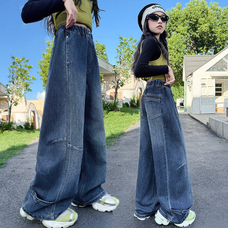 新款网红腿童女装洋派春装弯刀套装女童牛仔裤阔裤子裤2026大儿童