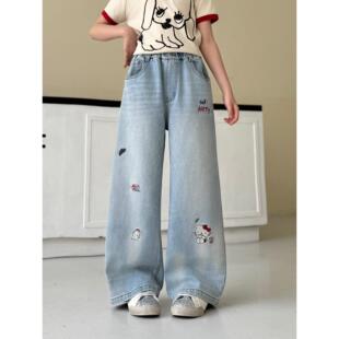 春装猫咪洋气牛仔裤刺绣阔腿裤2026女童大儿童裤子童女新款卡通中