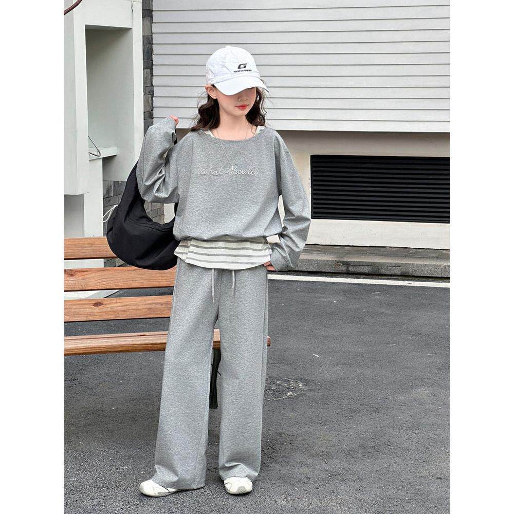 套装阔腿裤上衣两件中大童休闲卫衣新款两件套假2026春装女童韩版