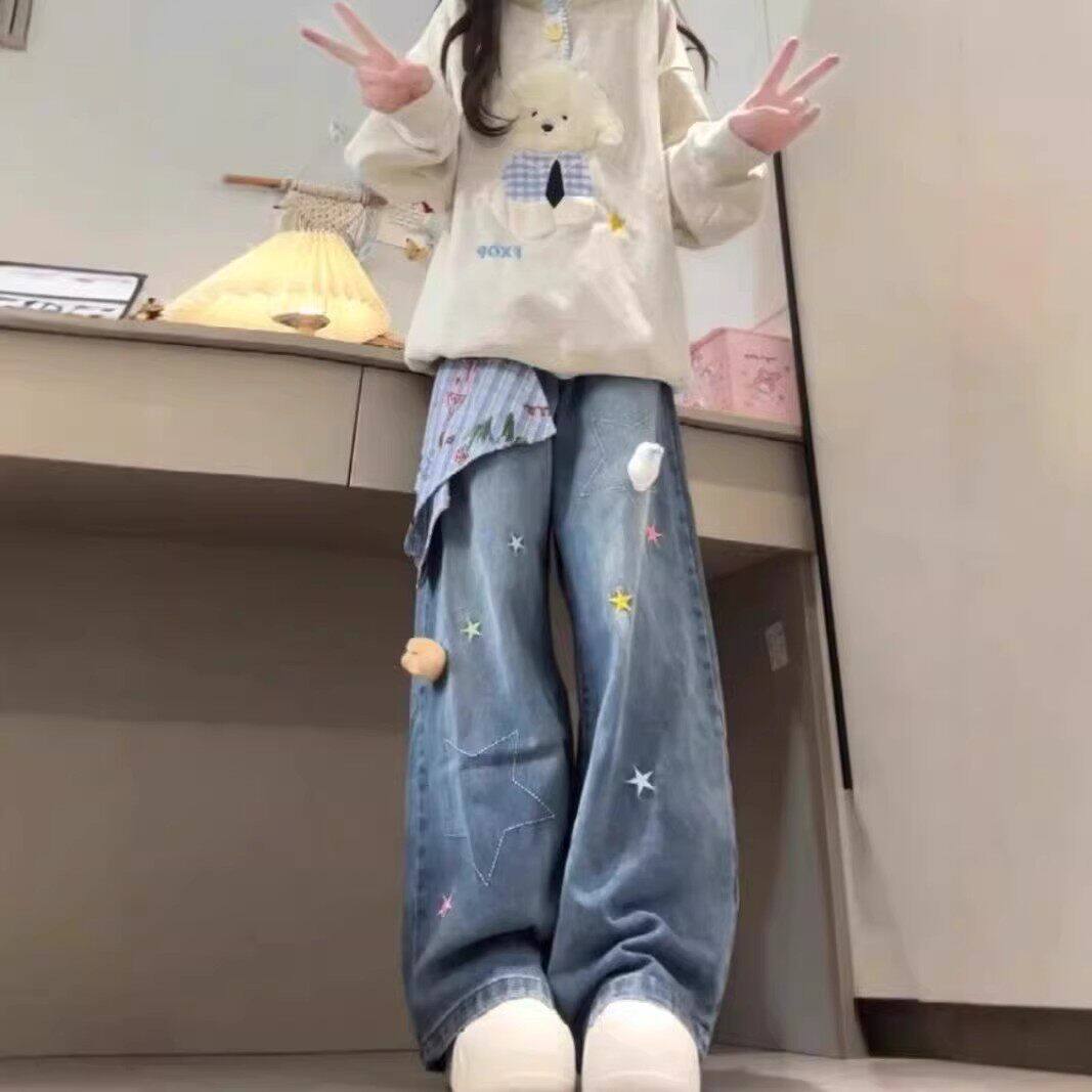 宽松直筒拖地星星新款裤子显瘦秋季复古牛仔裤方巾女美式刺绣阔腿