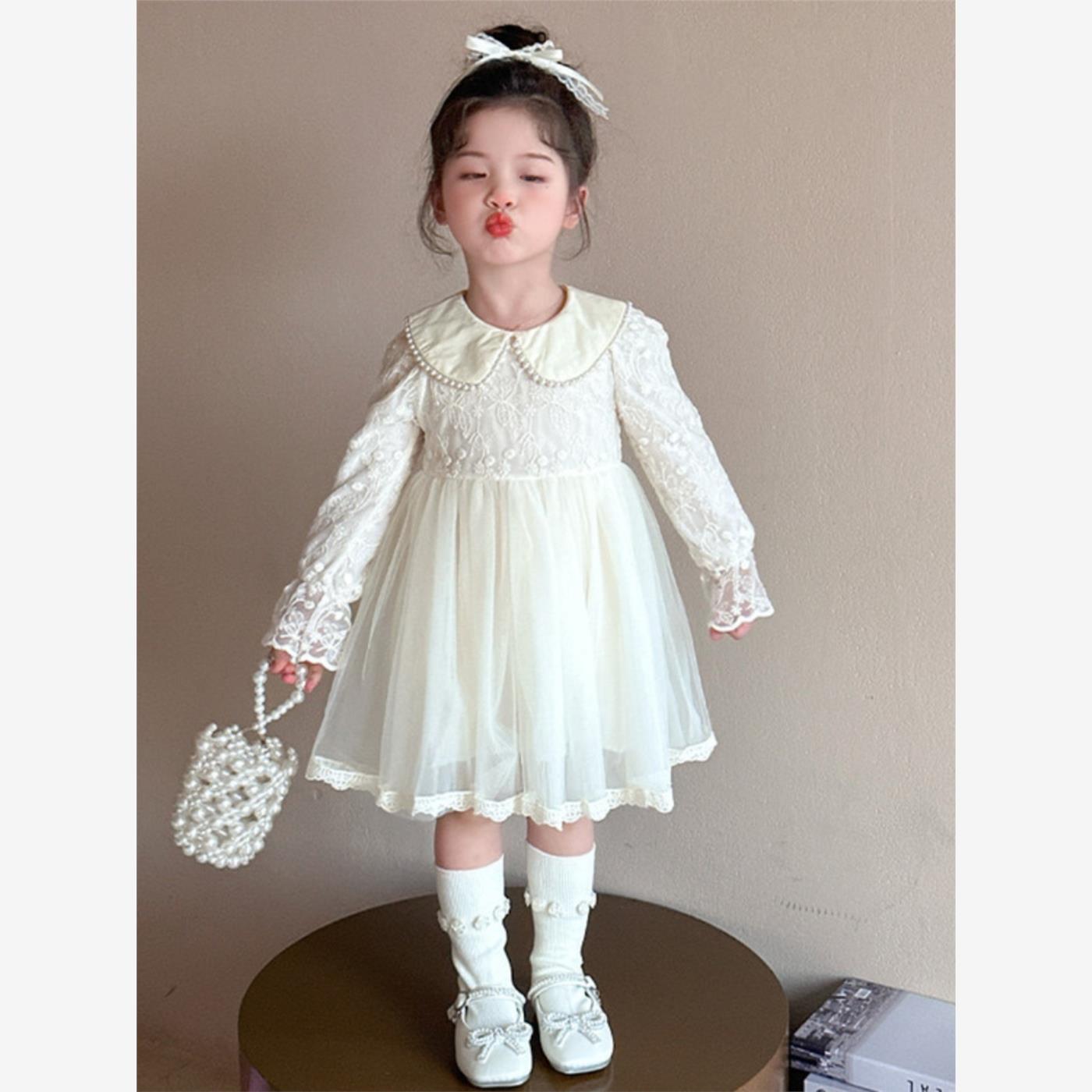 女童春秋长袖连衣裙2025新款春装儿童公主宝宝蕾丝娃娃领网纱裙子