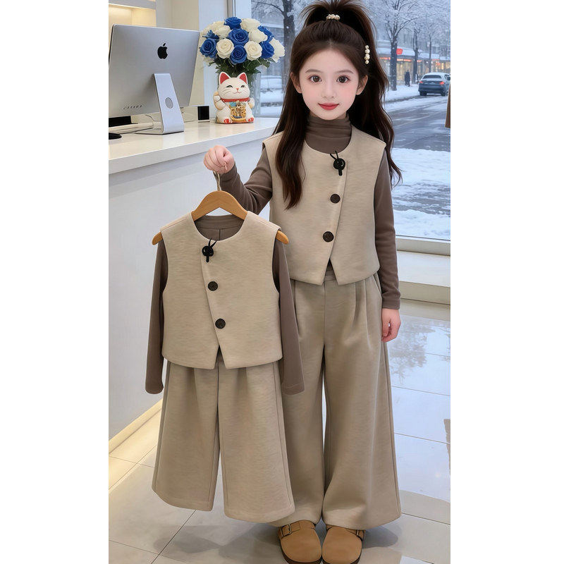 女童女孩春秋超春装小新款阔腿裤式2026儿童马甲好看套装三件香风