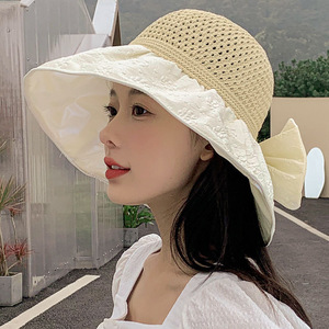 防晒帽子女防紫外线渔夫帽太阳帽2024新款夏季草帽折叠大帽檐编织