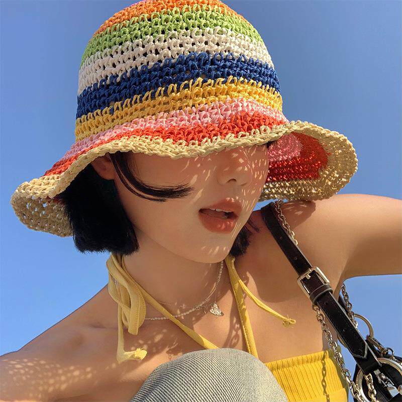 泫雅风彩虹草编渔夫帽女夏