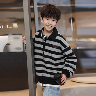熊猫圆圆男童长袖条纹polo衫2026新款中大童春装儿童春季翻领卫衣