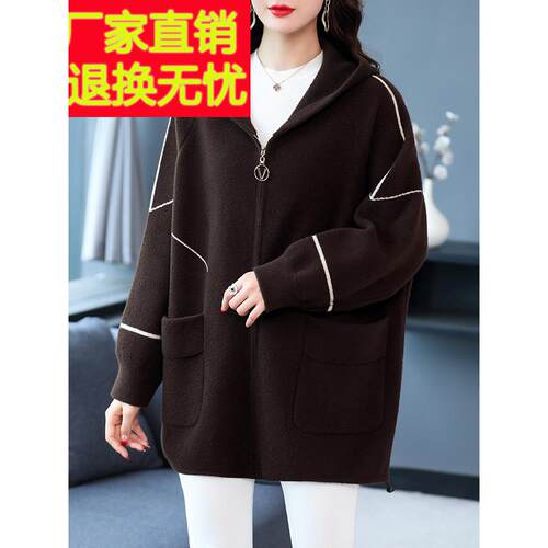 中老年胖妈妈100kg加码宽松羊毛外套秋冬女连帽双面羊绒外套