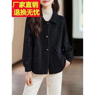 2025秋季新款高级感亮片黑色短外套休闲翻领通勤气质毛呢上衣女厚