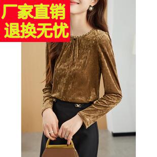 2026新款法式经典圆领金丝绒T恤春装宽松时尚复古打底衫上衣女装