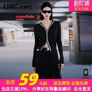 LINCCHIC金羽杰23年秋新款 女S233CR398Y 轻奢撞色连帽毛织开衫