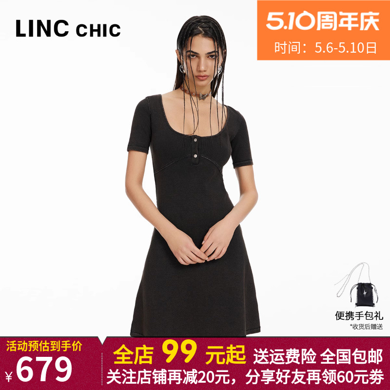 LINCCHIC金羽杰2024年夏季新品机能感半袖针织连衣裙女S242KD239Y