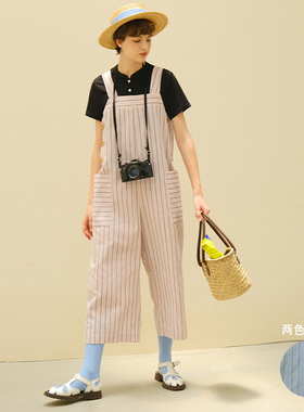 ECRU SOLI 素白已然 夏 日杂女孩 宽松自然 竖条棉麻背带裤连体裤