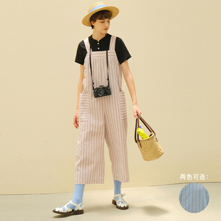 ECRU SOLI 素白已然 夏 日杂女孩 宽松自然 竖条棉麻背带裤连体裤
