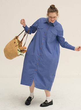 ECRU SOLI 素白已然秋日杂女孩亮眼蓝紫色工装口袋茧型衬衫连衣裙