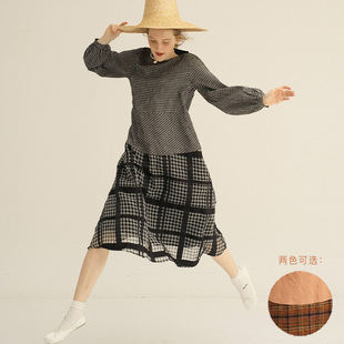ECRU SOLI 素白已然日杂女孩大小格纹拼接泡泡纱色织格宽松连衣裙