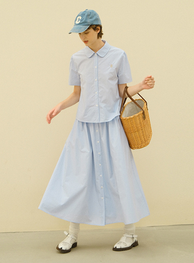 ECRU SOLI 素白已然 夏 法式蓝色竖条纹 刺绣字母衬衫半身裙套装