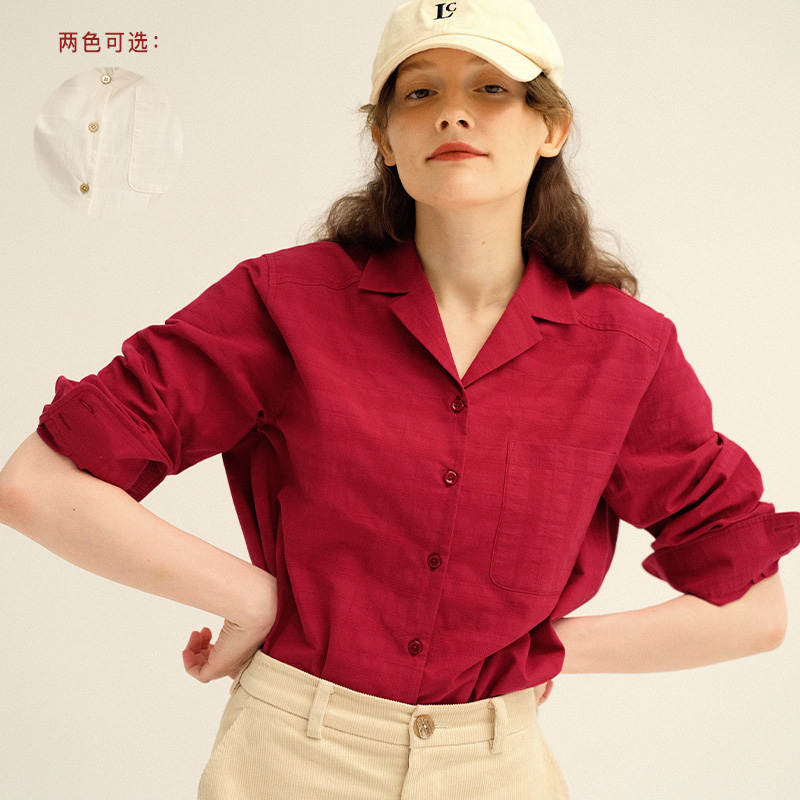 素白已然复古宽松棉长袖衬衫