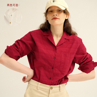 ECRU SOLI 素白已然 秋 复古西服领 棉质提花 口袋衬衫 酒红/米白