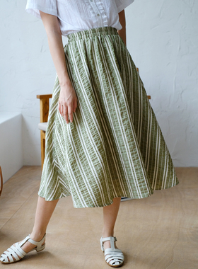 ECRU SOLI素白已然 春夏复古泡泡棉 日系 百搭绿色竖条纹大摆裙