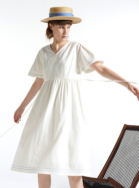 ECRU SOLI 素白已然 夏 法式海军风 棉麻 宽松慵懒 白色V领连衣裙
