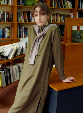 ECRU SOLI 素白已然 秋季 日系宽松军绿色显白学院风衬衫裙