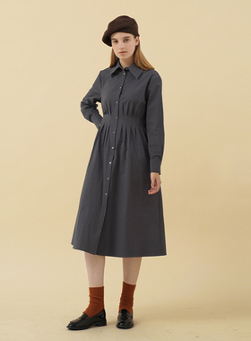 ECRU SOLI 素白已然 秋冬简约通勤 气质灰蓝色打褶收腰衬衫连衣裙