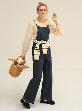 ECRU SOLI 素白已然 日系女孩b入！洗水棉 藏蓝色明线宽松背带裤