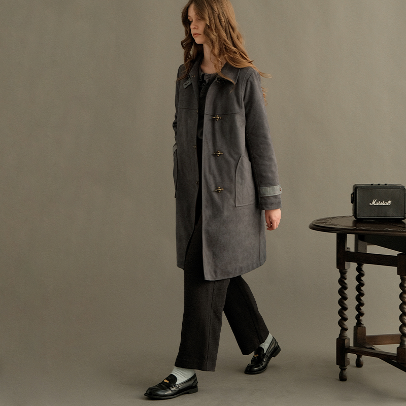 素白已然复古烟灰色直筒外套