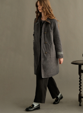 ECRUSOLI素白已然英伦复古高级烟灰色飞机扣拼色格纹麂皮棉服外套