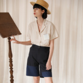 黑蓝拼接复古中裤 ECRU 必入 日系百搭 SOLI 素白已然