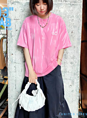 青岛03零叁 美式复古拔染扎染做旧英文标语男女同款纯色短袖T恤