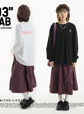 青岛03零叁秋季日系复古字母印花口袋长袖t恤女宽松休闲打底上衣