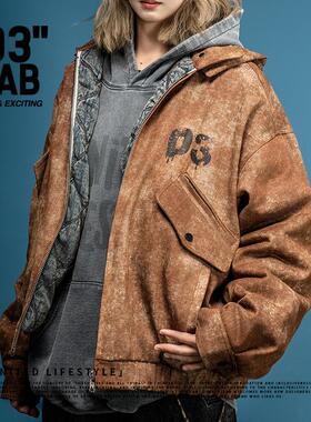 青岛03零叁美式复古做旧脏染斑驳水洗可拆卸连帽棉服外套拉链夹克