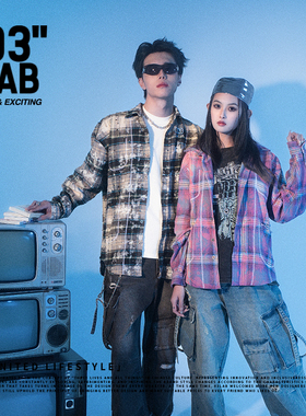 青岛03零叁 美式复古做旧格子印花衬衫男女宽松休闲百搭长袖外套