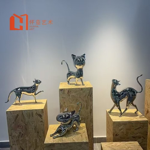 轻奢不锈钢抽象艺术小猫咪定制雕塑仿真动作造型创意动物摆件装饰