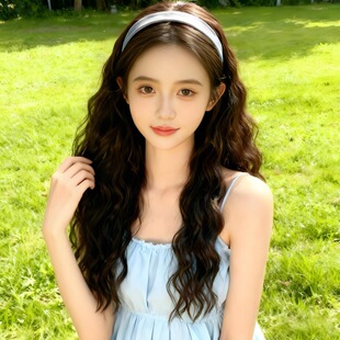 跨境电商蓝色发箍假发半头套假发女水波纹浅蓝色发箍长发工厂现货