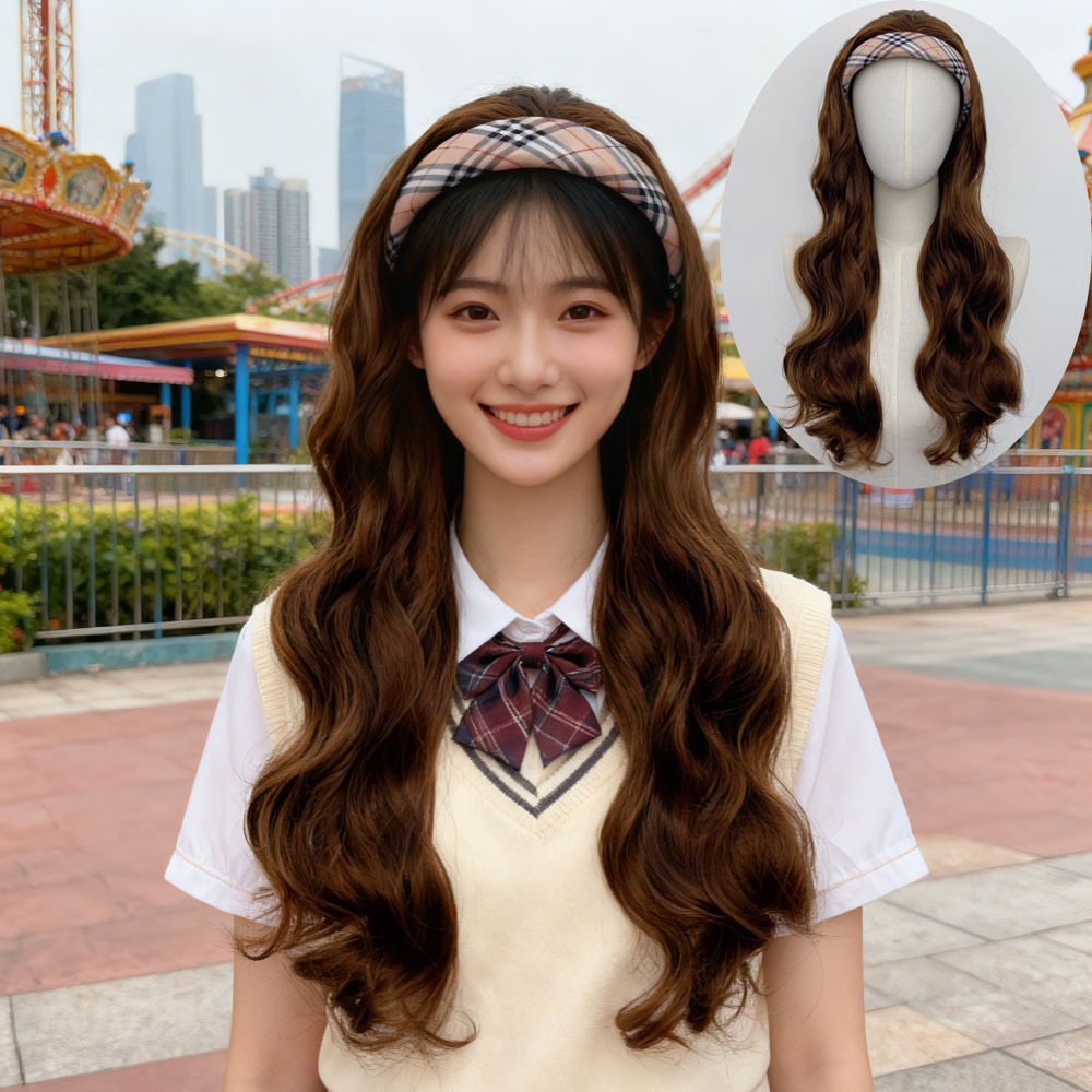 假发女发箍千金格纹长卷发片网红同款可拆卸发箍大波浪假发半头套