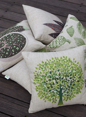 S&Y绿色大树棉麻抱枕套可拆洗靠背腰垫沙发午睡办公室床头不含芯