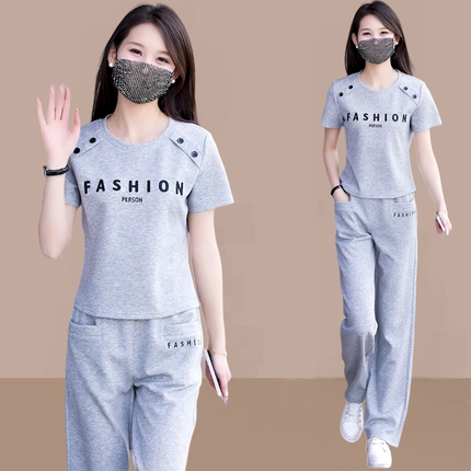 时尚宽松短袖阔腿裤休闲两件套女2025夏季新款洋气减龄运动服套装