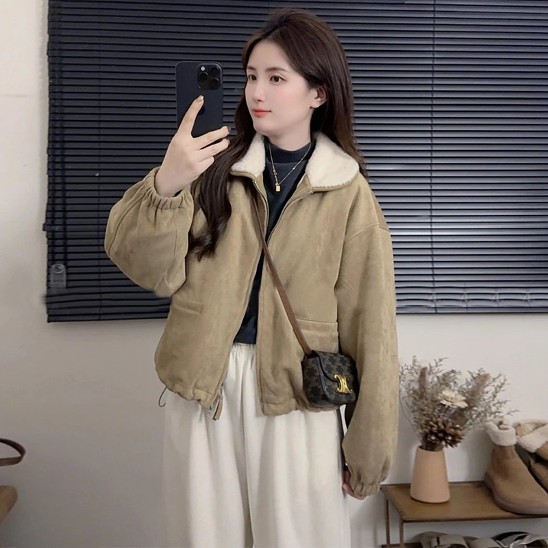 2025新款麂皮绒外套韩系羊羔毛皮毛一体短款机车服皮衣女冬小个子