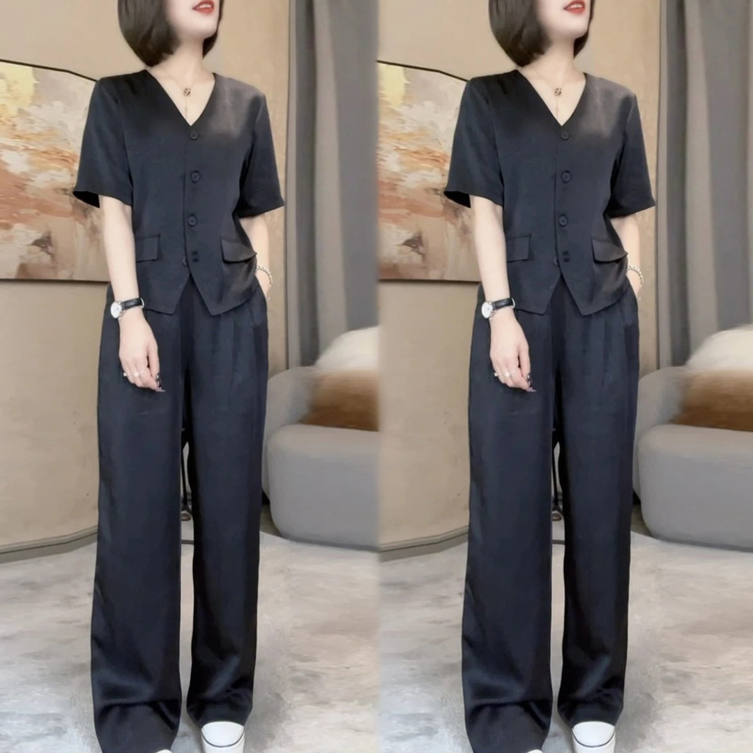 欧货休闲运动套装女夏季2025新款时尚洋气减龄V领开衫短袖两件套