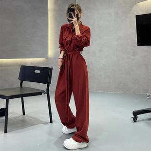 高级感时尚 高腰直筒宽松显瘦衣阔腿裤 工装 春秋新款 女装 运动连衣裤