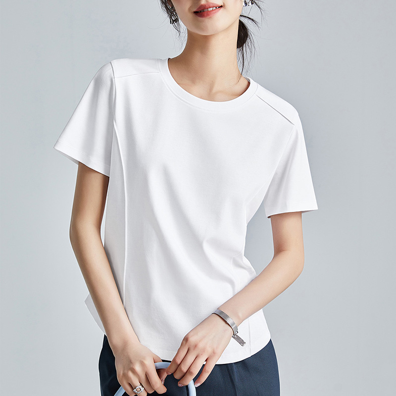 白色t恤女夏季2025新款液氨丝光棉短袖鱼骨线弧形下摆设计感上衣