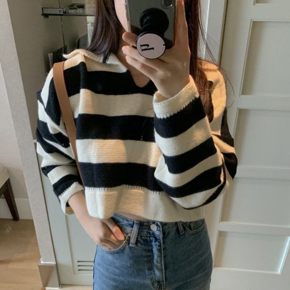 条纹毛衣女秋冬新款宽松慵懒风针织衫上衣