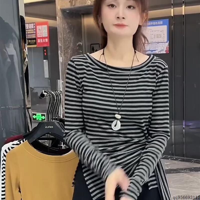时尚撞色条纹长袖T恤女秋季新款设计感绑带不规则修身打底上衣潮