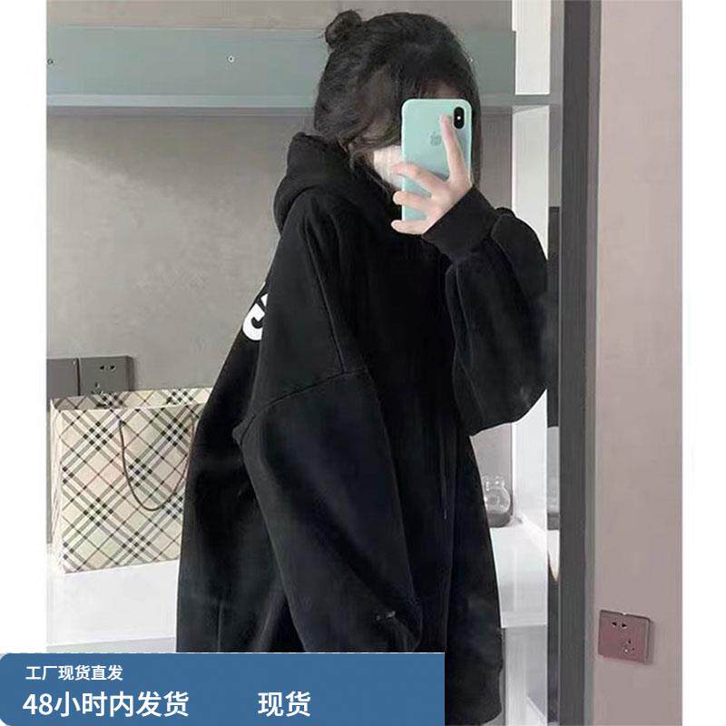 黑色连帽加绒卫衣女秋冬2025新款宽松设计感小众中长款外套慵懒风