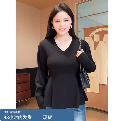微胖mm设计感黑色V领打底衫T恤女秋冬大码收腰显瘦内搭长袖上衣潮