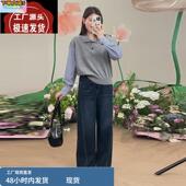 微胖mm显瘦设计感针织衫 马甲拼接假两件上衣女春季 学院风衬衫 大码