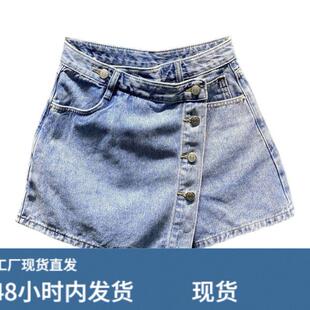 韩版不规则拼接牛仔短裤女高腰显瘦ins超火防走光百搭半身裙裤夏